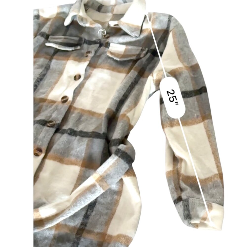 Womens Plaid‎ Shacket Jacket Lapel Button Down Flannel Shirt Loose Fit Belted S - Picture 7 of 7